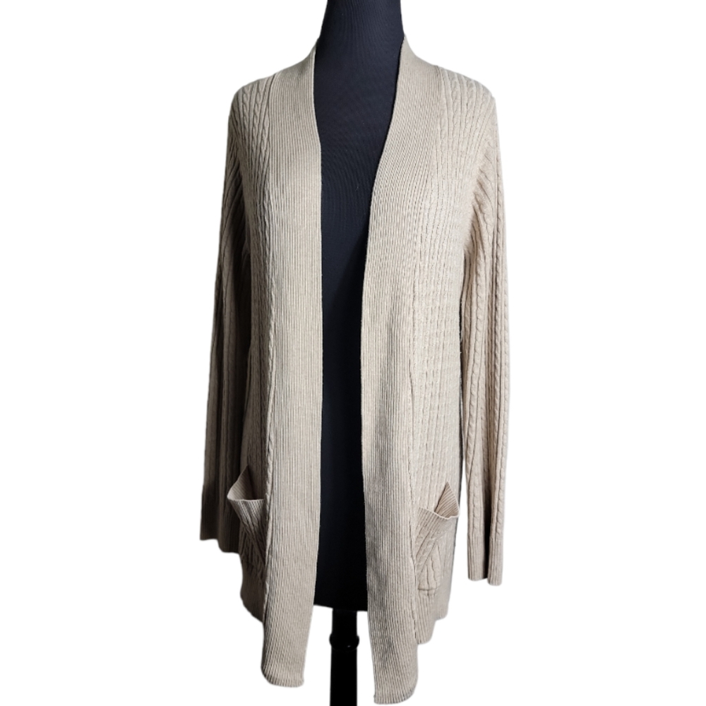 Laura Scott plus size 1X tan cable knit open front cardigan sweater pockets